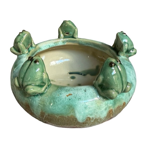 Other - Majolica Style Round Pottery Planter 5 Frogs Bowl Turquoise Brown Drip Glaze